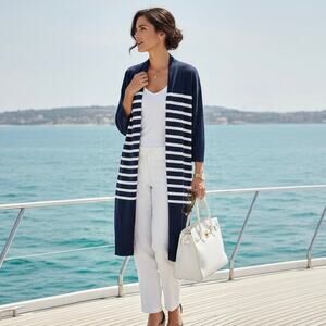 NWT LOFT Open Front Cardigan Womens M Navy Blue Striped 100% Cotton Coastal